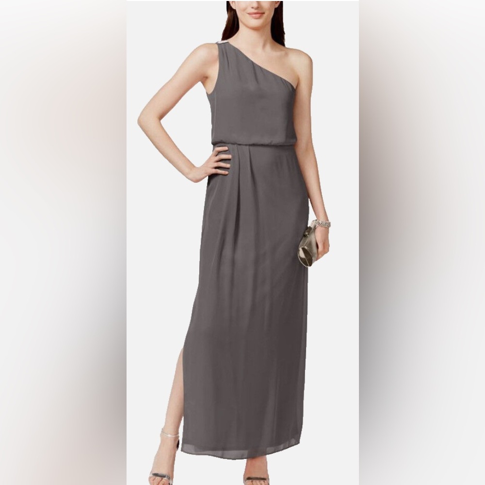 Adrianna Papell ~Gray Chiffon Embellished One Shoulder Gown 12 Retail $235